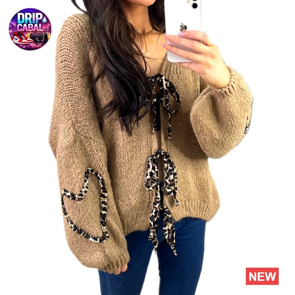 Oversized V-Neck Cardigan Tie Front Knit Sweater Y2K Leopard Heart Print